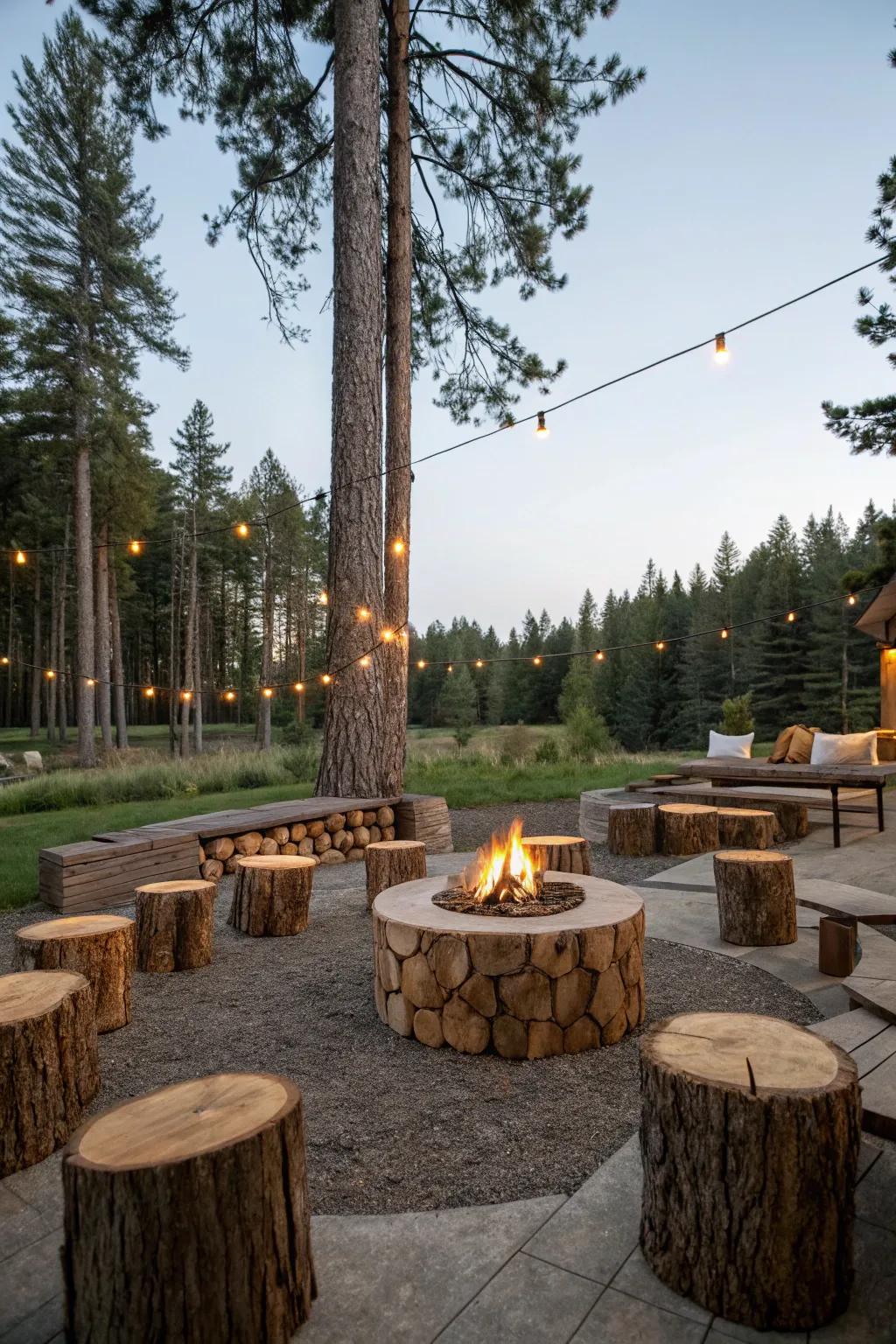 Wood log seats add a whimsical, natural touch to the fire pit area.