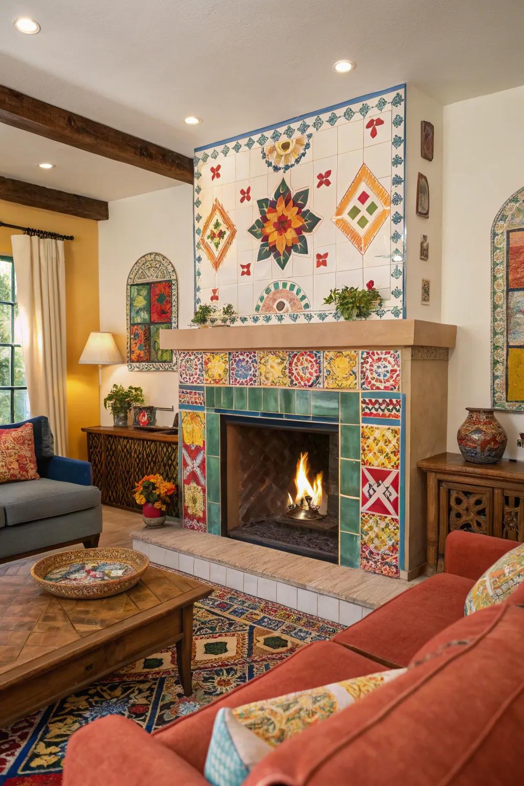 A pop of color turns the fireplace into a striking focal point.