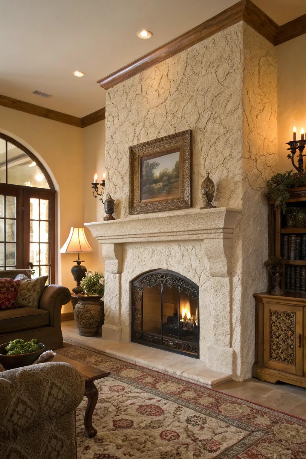Textured plaster adds depth and elegance to your fireplace.