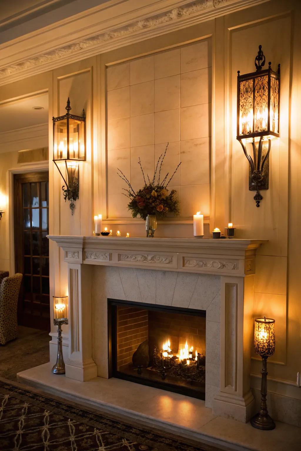 Graded lighting accentuates the charm of the fireplace millwork.