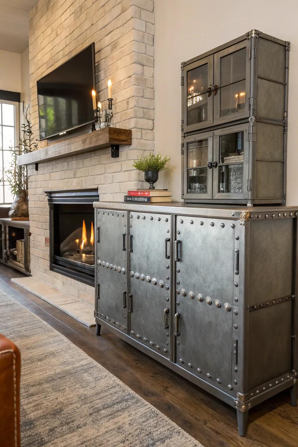 Metal accents introduce an industrial edge to your fireplace cabinets.
