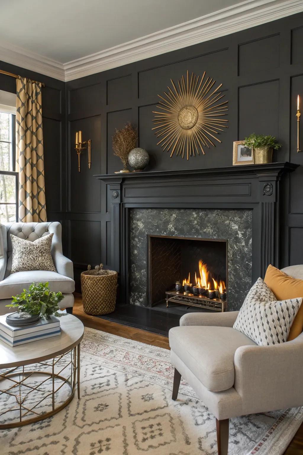 A stylish living room pops with a fireplace painted in a bold, eye-catching color.