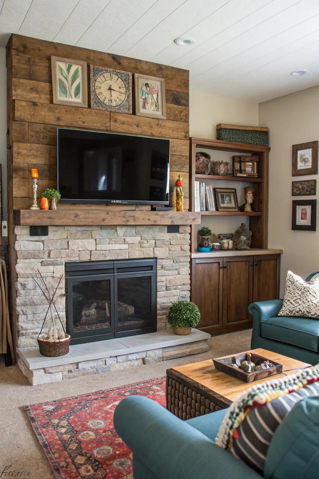 A family room featuring a blended material fireplace wall with a TV.