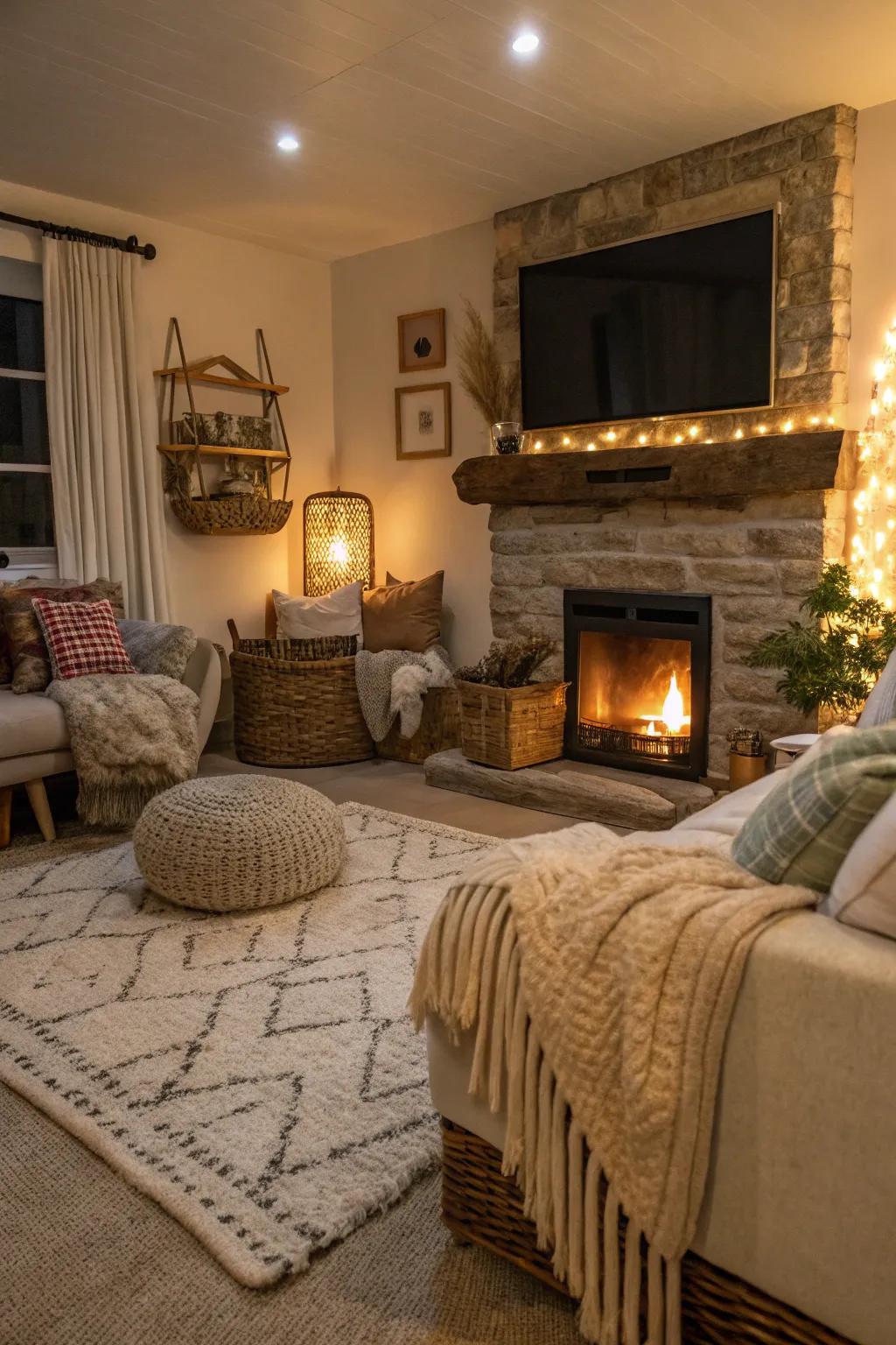 A cozy living area with mixed fabrics around a fireplace and TV.