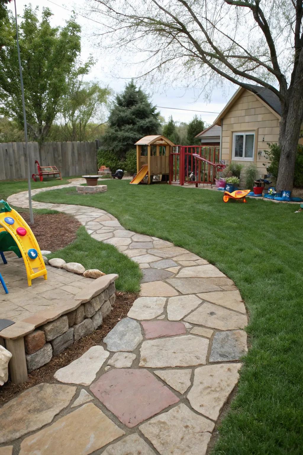 Flagstone edging provides a safe, fun boundary for children's play areas.