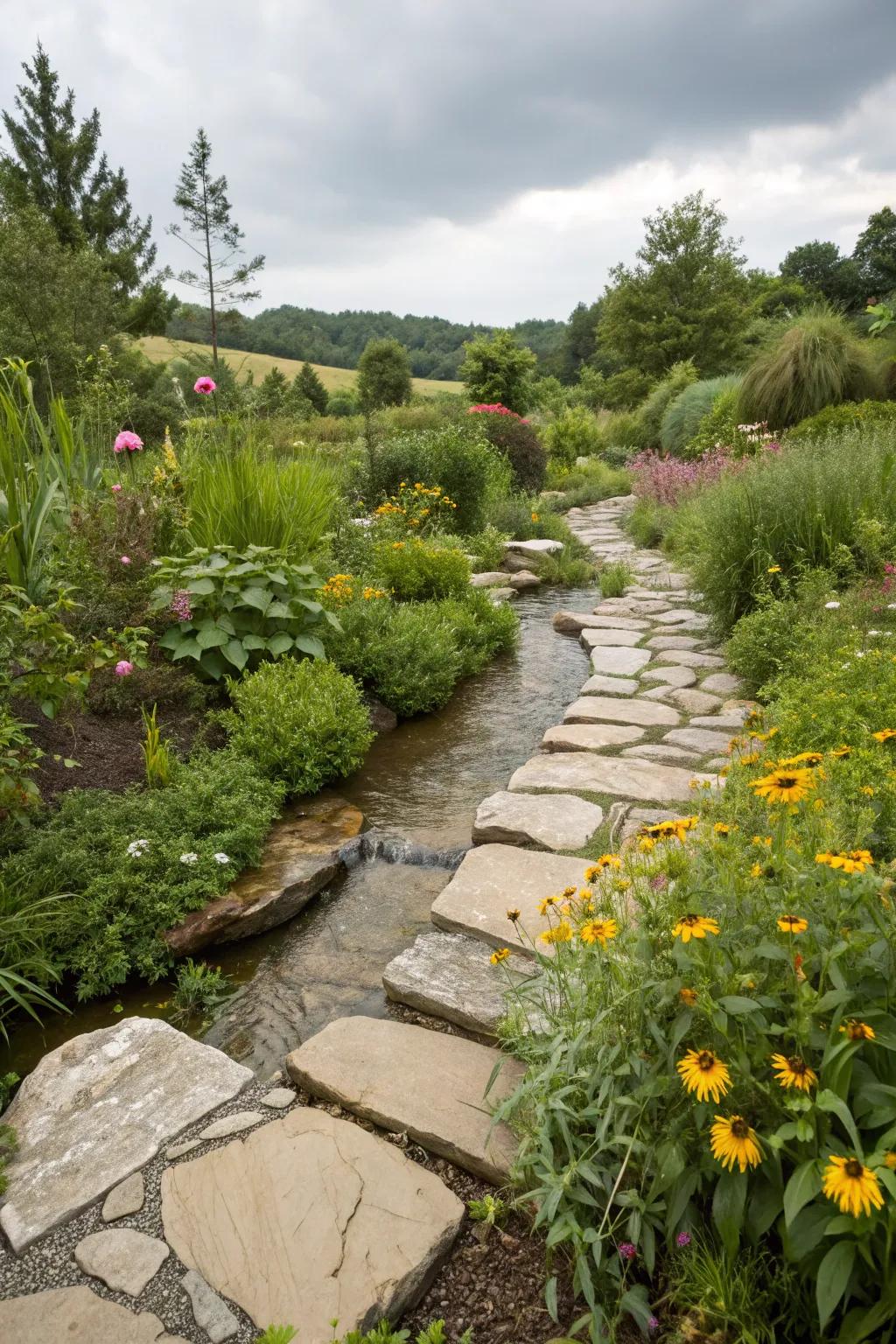 A flagstone-enhanced rain garden promoting sustainability.