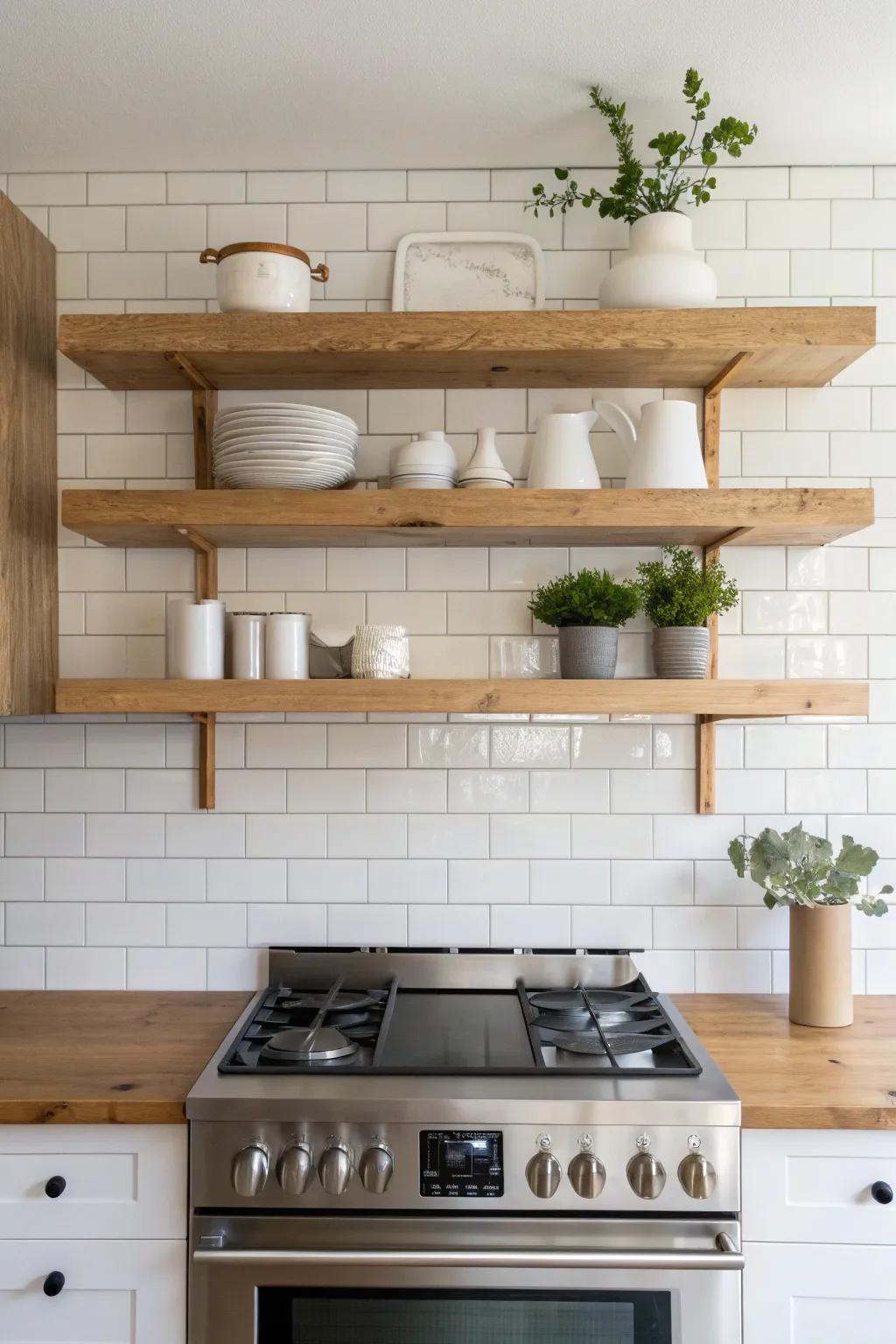 Achieve timeless elegance with symmetrical floating shelves for a perfectly balanced kitchen look.