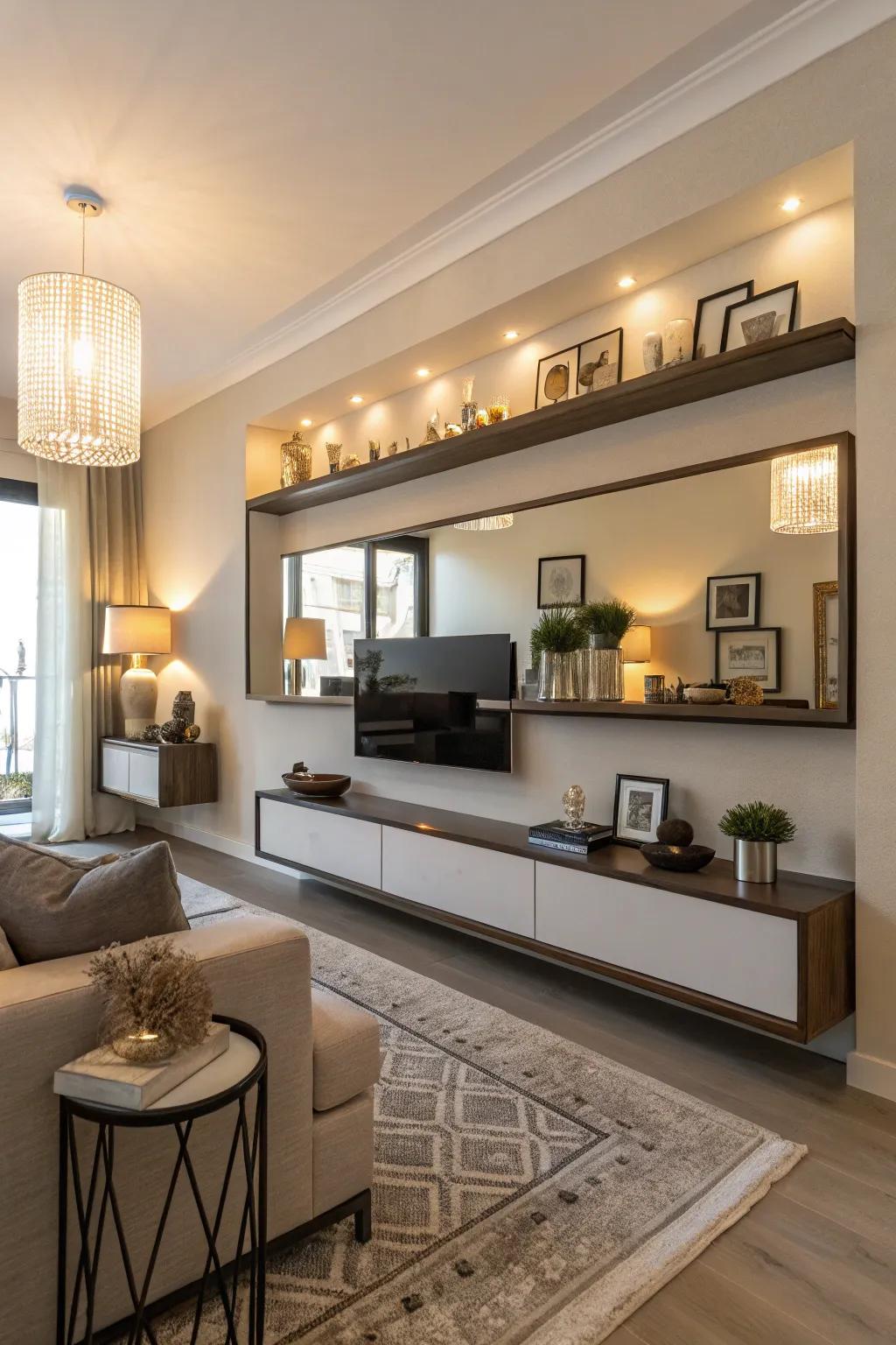 Reflectors adding light and elegance to floating shelves