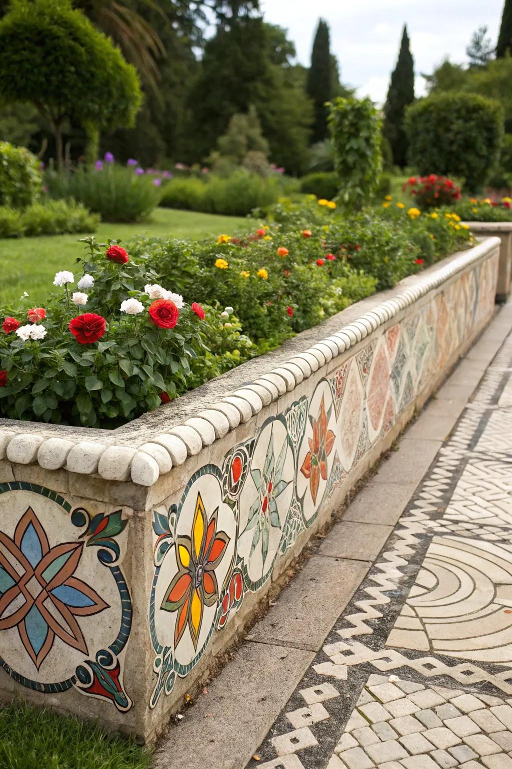 Variegated stones fashion a kaleidoscopic and aesthetic flower bed border.