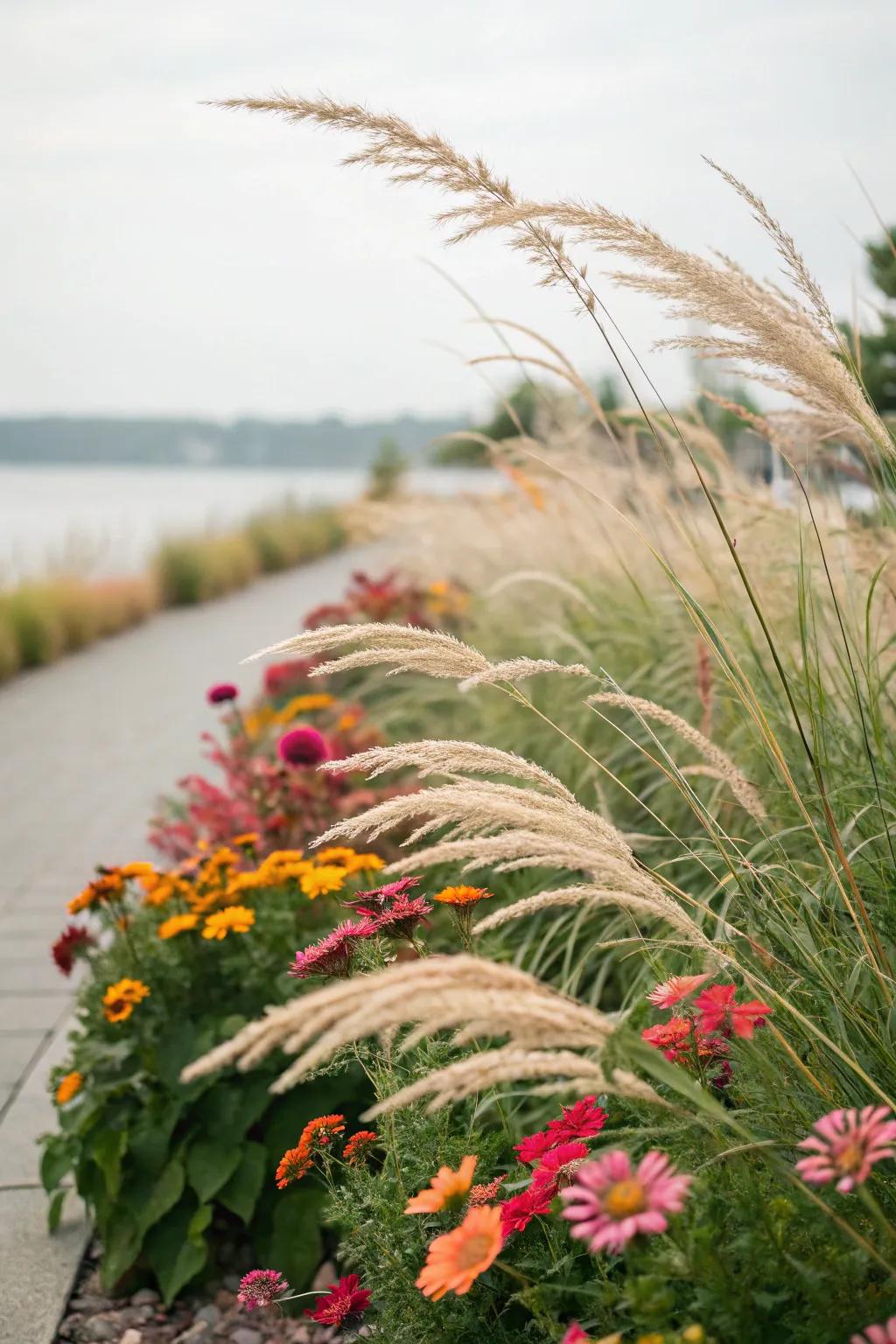 A textured flower border featuring ornamental grasses that add movement and elegance.