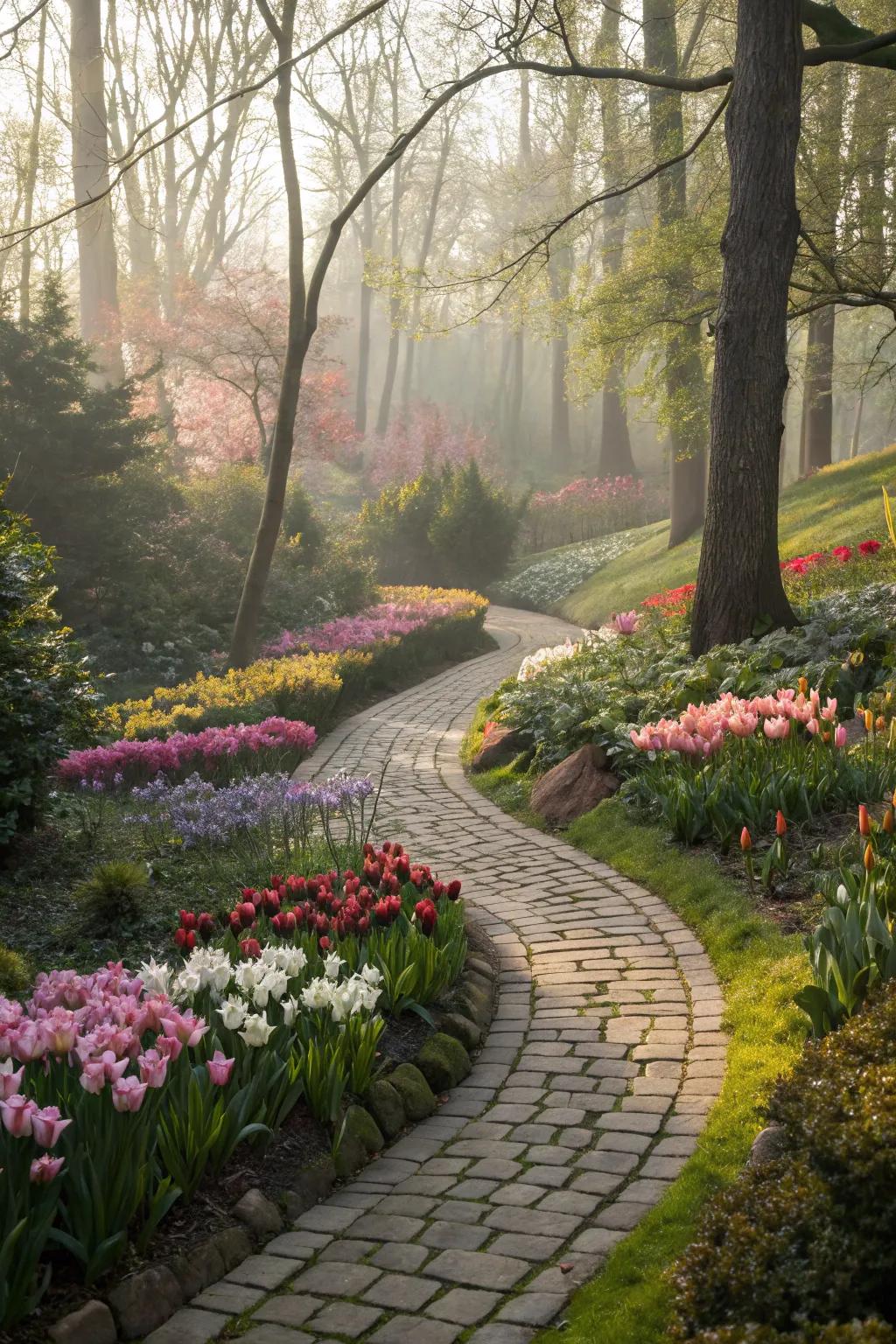 Rustic rock pathways leading through a floral haven.