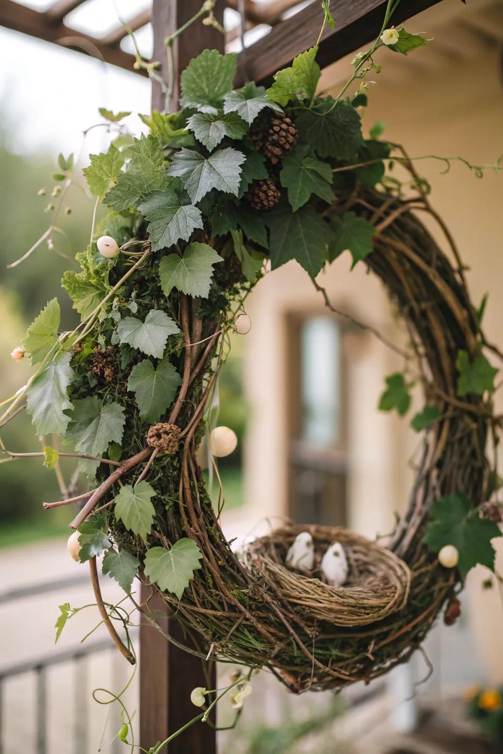 A grapevine nest wreath rendering a charming and rustic vista.