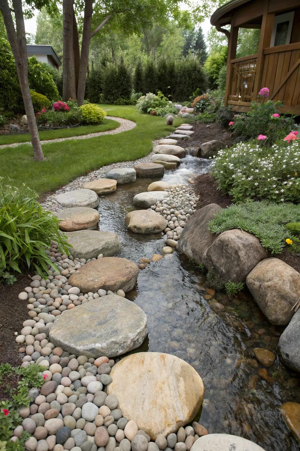 Walkway pavers add charm to river rock walkways.