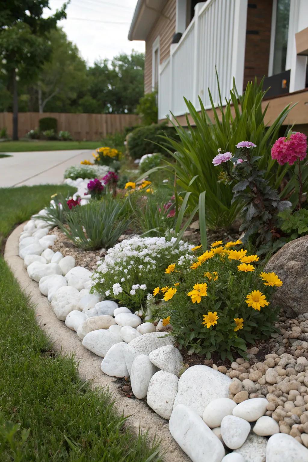 Define flower beds with stylish white rock borders.