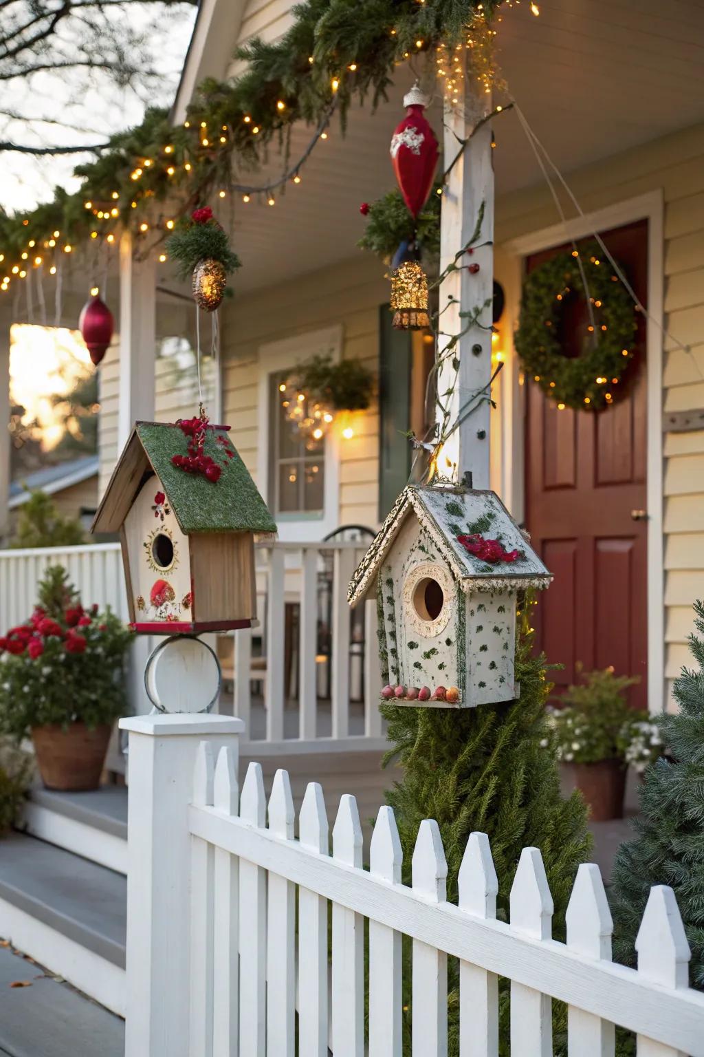 Avian abodes append a whimsical nuance to your festive porch decor.