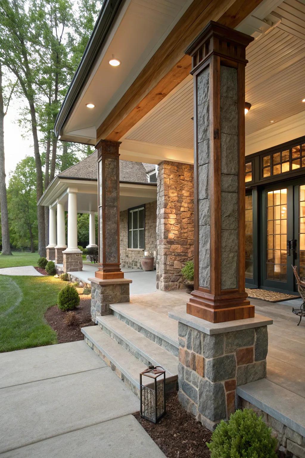 Mixed materials on columns craft an eclectic and personalized porch design.