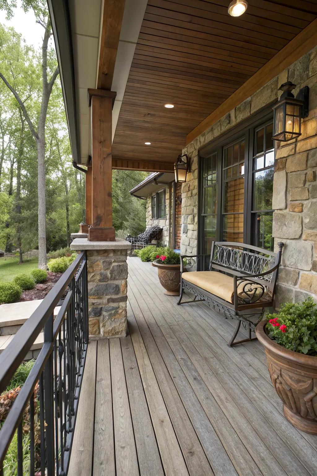 A synthesis of timber, stone, and metal components contributes texture upon this porch.
