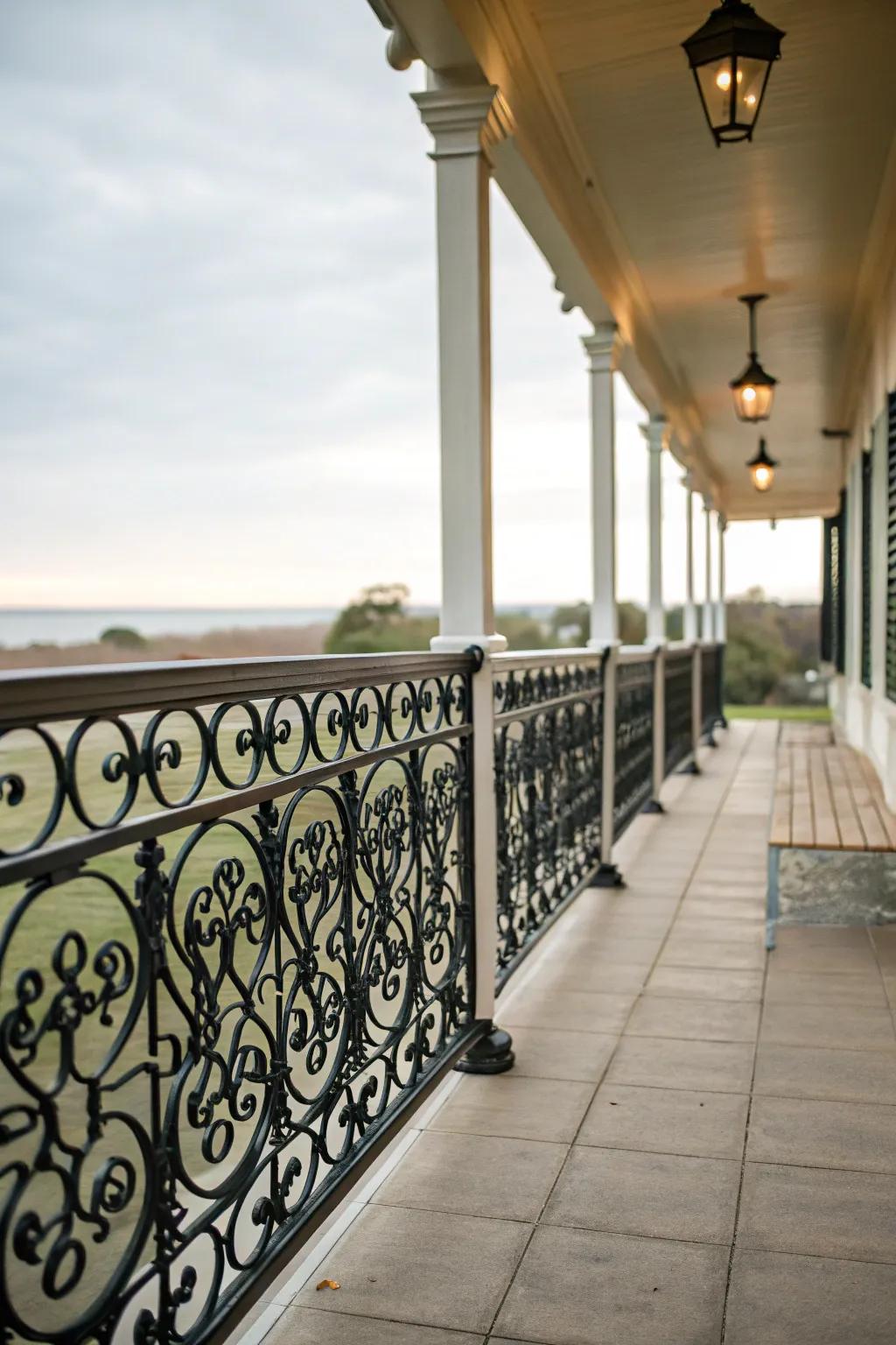Symmetrical wrought iron railings for a balanced and harmonious look.