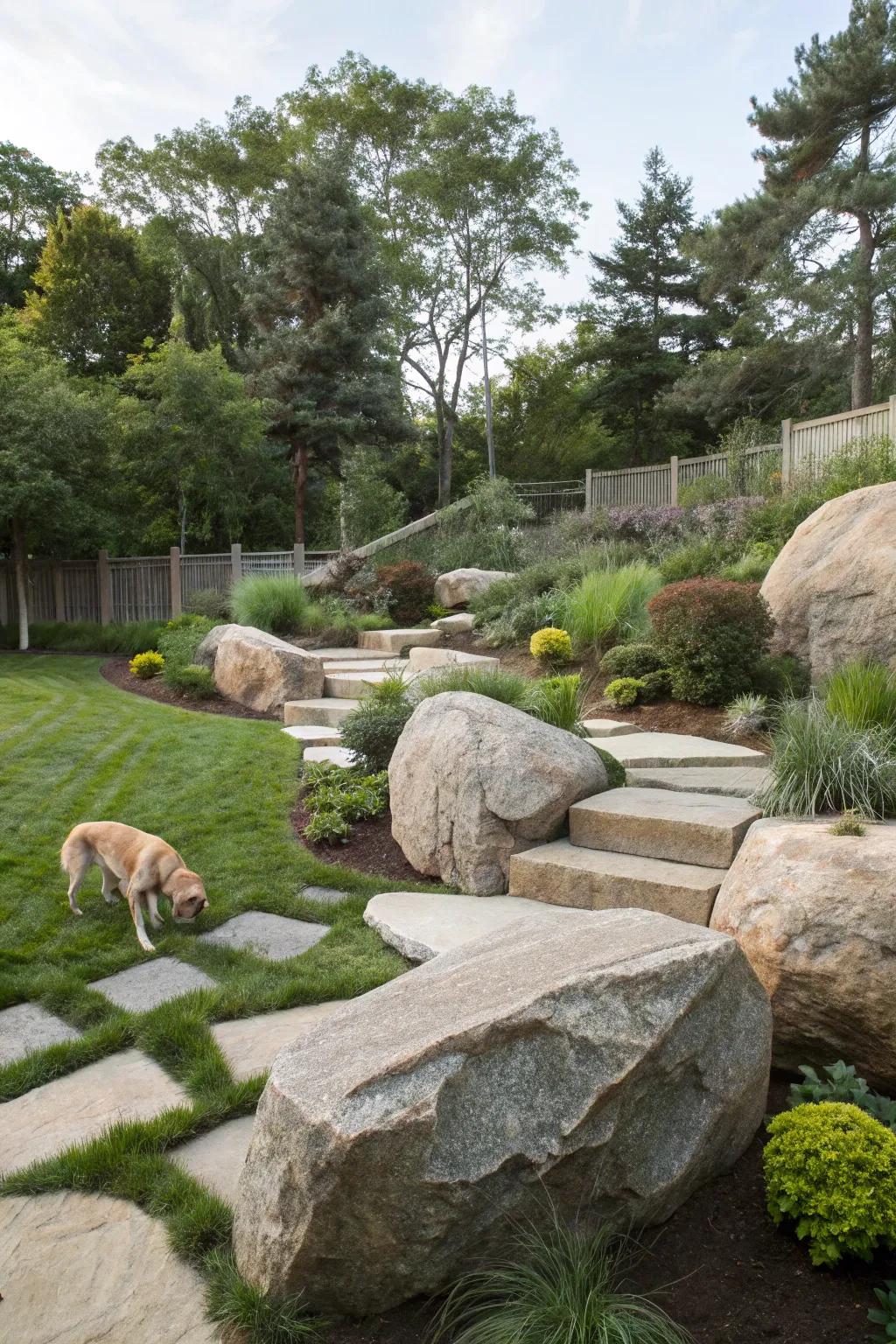 Boulders define spaces, creating a pet-friendly garden.