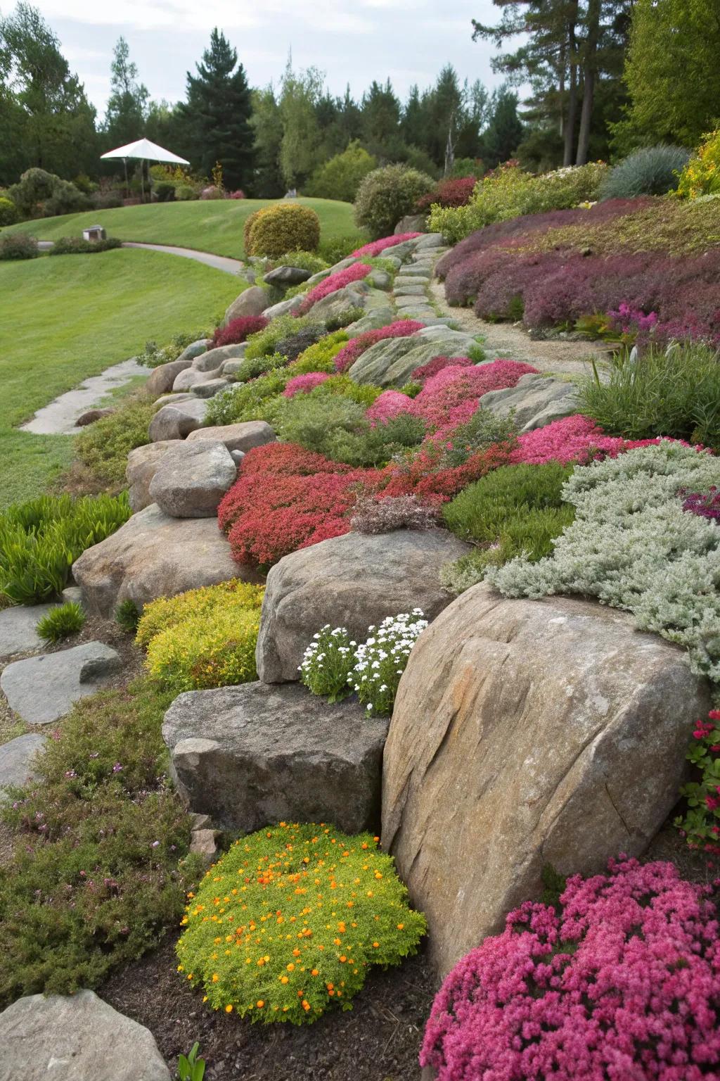 Add a playful twist with colorful ground cover around rock borders.