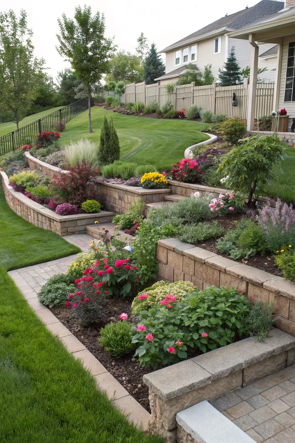 Layered planting beds contribute profundity and intrigue to your front yard layout.