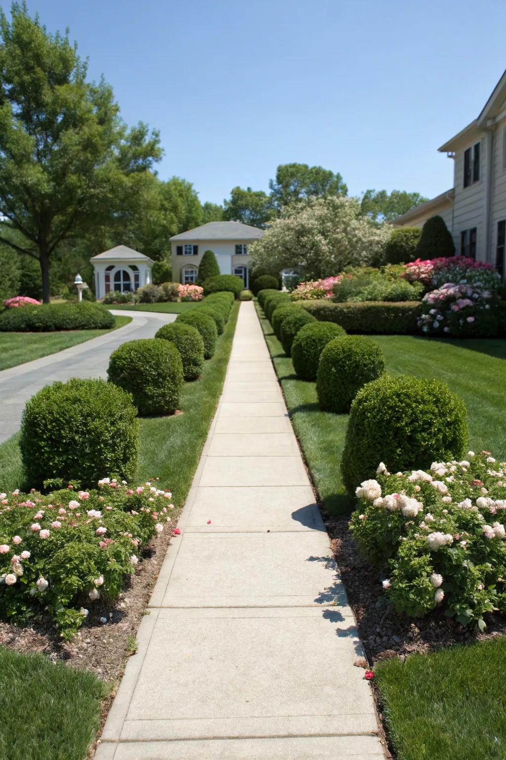 Symmetrical plantings add formality and elegance to a front yard.