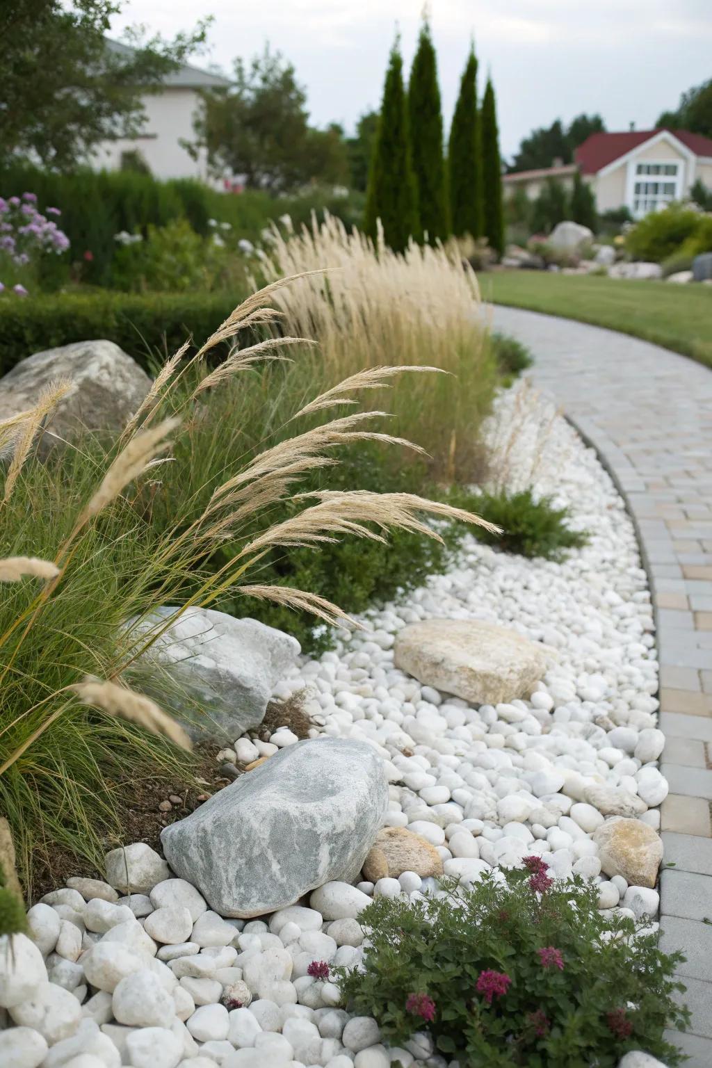 Ornamental grasses add movement and texture to rock gardens.