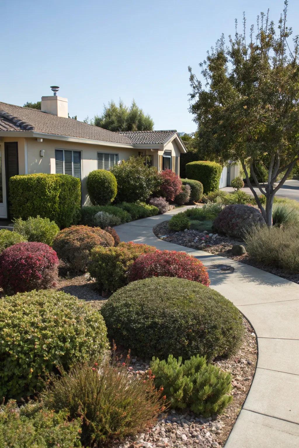 Shrubs shaping a xeriscaped yard, contributing privacy and ecological enrichment.