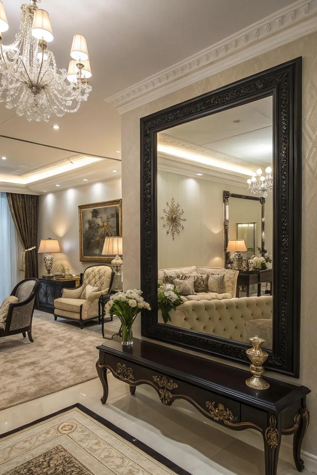 Dark-framed mirrors add drama and sophistication.