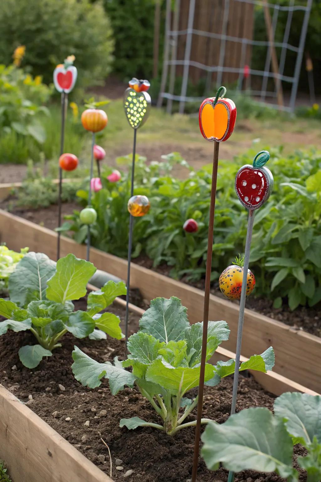 Fruit-themed posts adding pigment and whimsy to the garden.