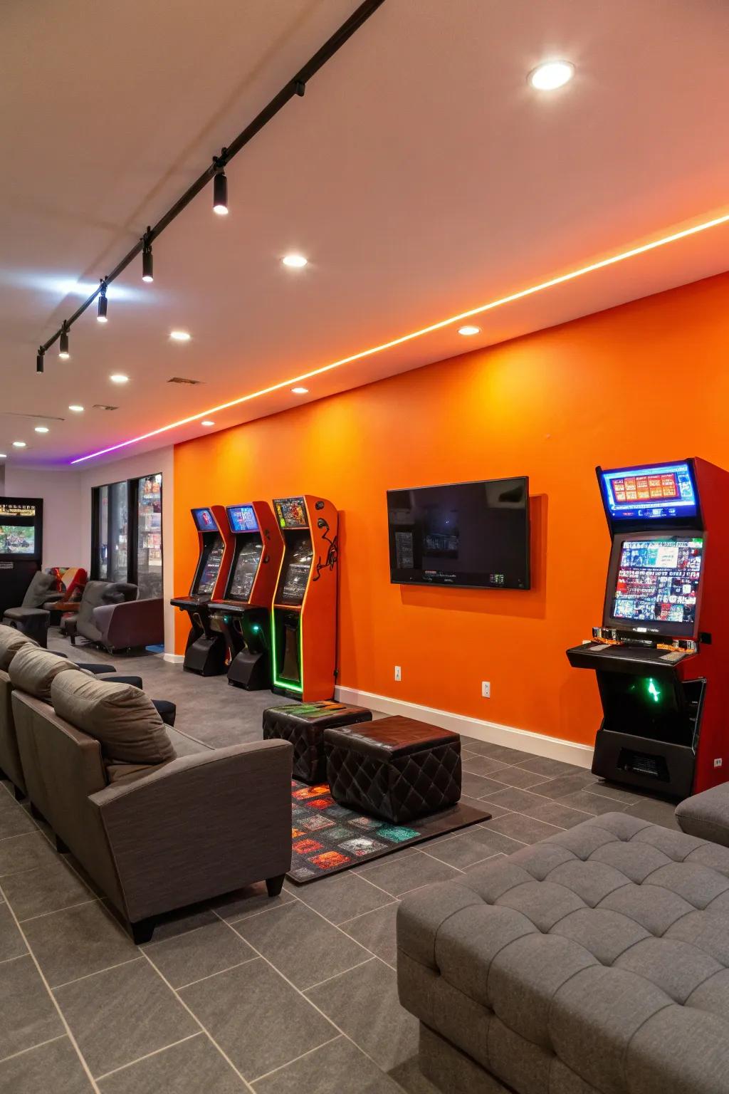 The electric orange accent wall sparks excitement and energy in the game room.