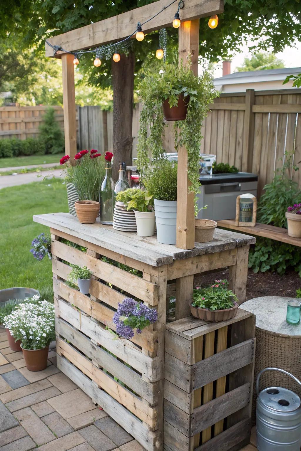 A creative and rustic pallet garden bar.