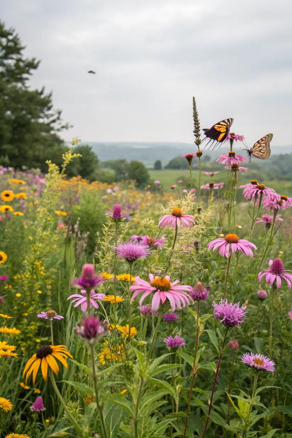 A vibrant wildflower meadow that invites pollinators into the garden.