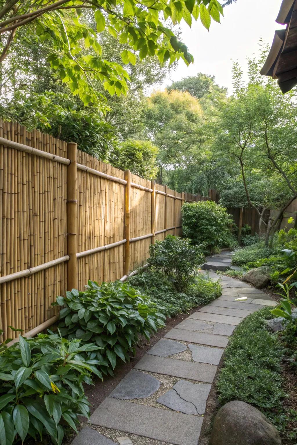 Bamboo fencing lends an exotic touch while steadfastly protecting the garden, creating a serene and stylish outdoor haven.