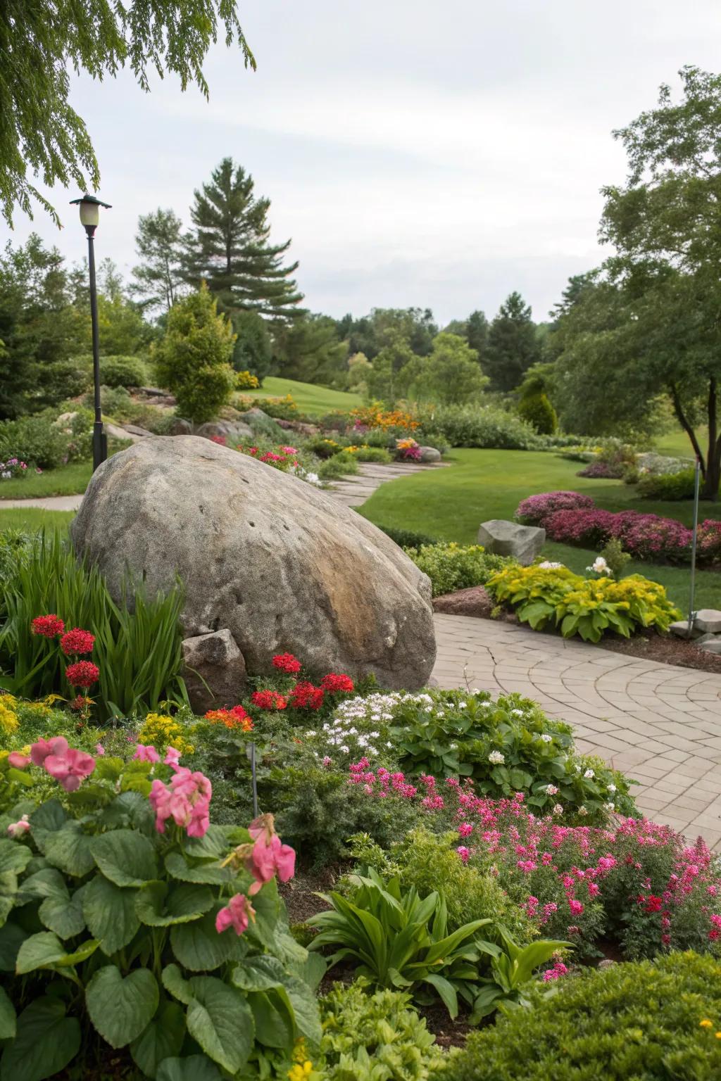 Massive boulders serving as striking emphasis elements in the garden terrain.