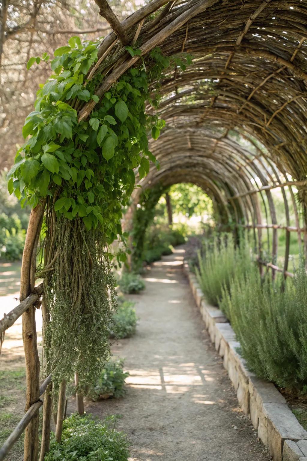 Step into a fragrant world with this enchanting herbal tunnel, where nature and craftsmanship intertwine.
