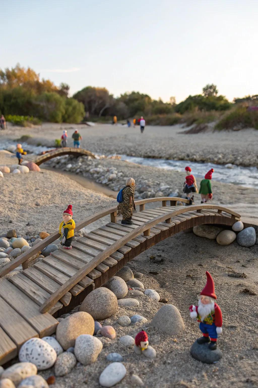 A charming gnome overpass crossing infuses dimension into the garden.