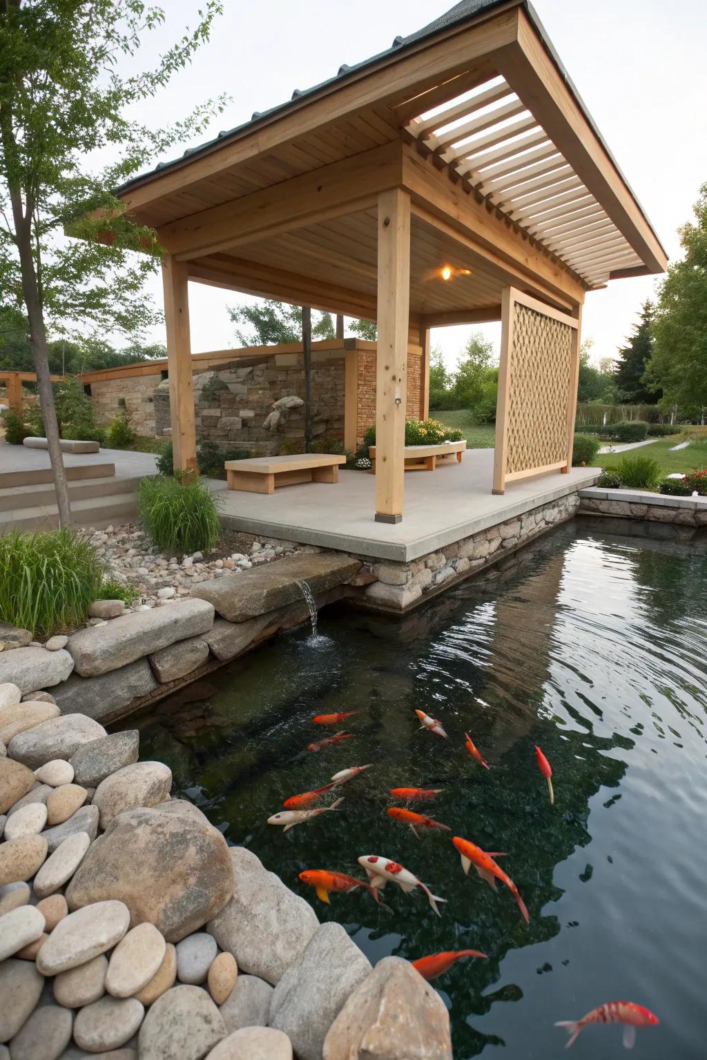 Create a charming feeding nook in your goldfish pond and enjoy a peaceful retreat that blends simplicity with natural elegance.