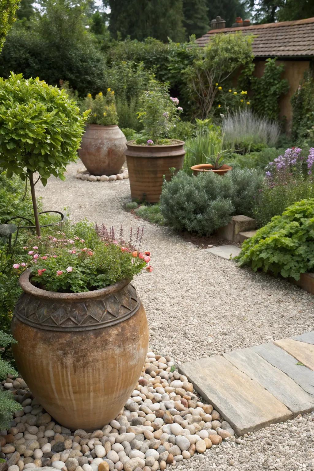Statement pots serve as eye-catching focal points in the garden.