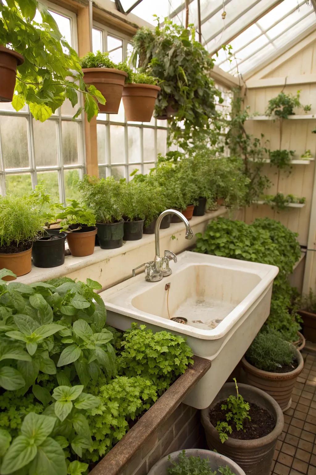 A sink and herb garden combination offers both function and flavor.