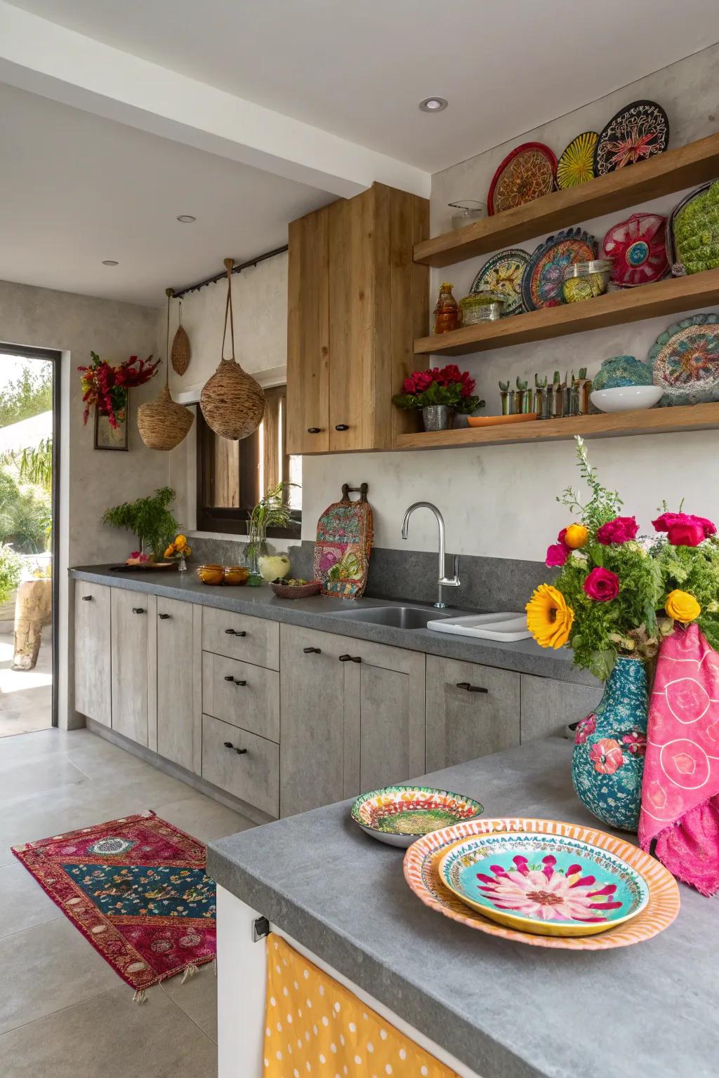 Grey worktops provide a perfect foundation for colorful accents.