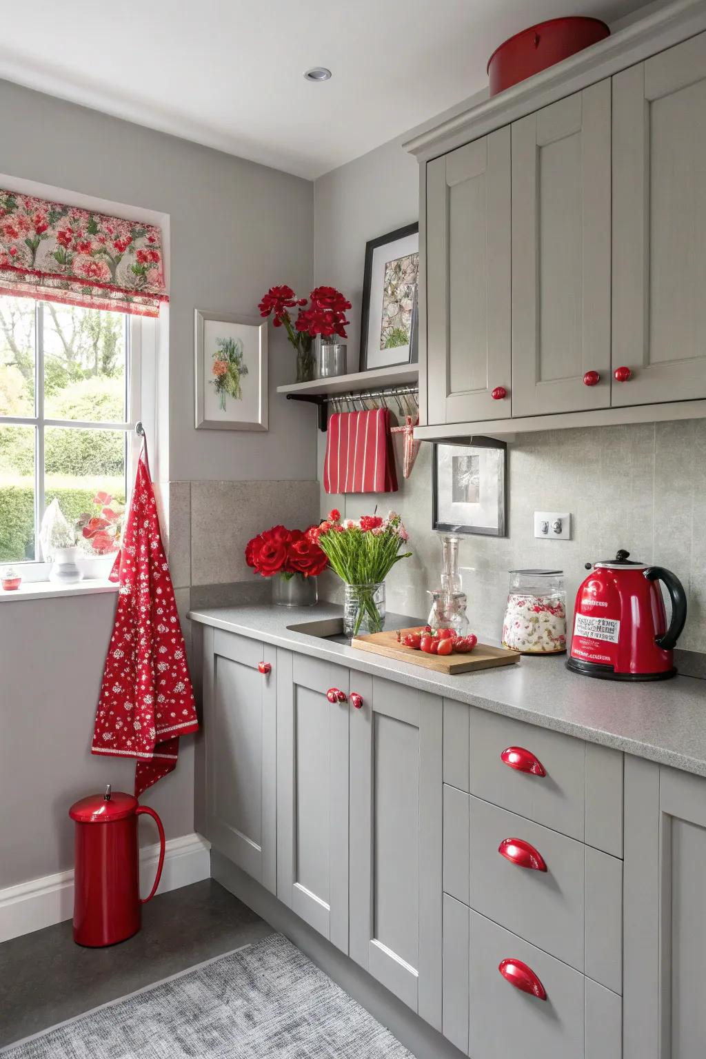A spot of color transforms a grey kitchen into a visual delight.