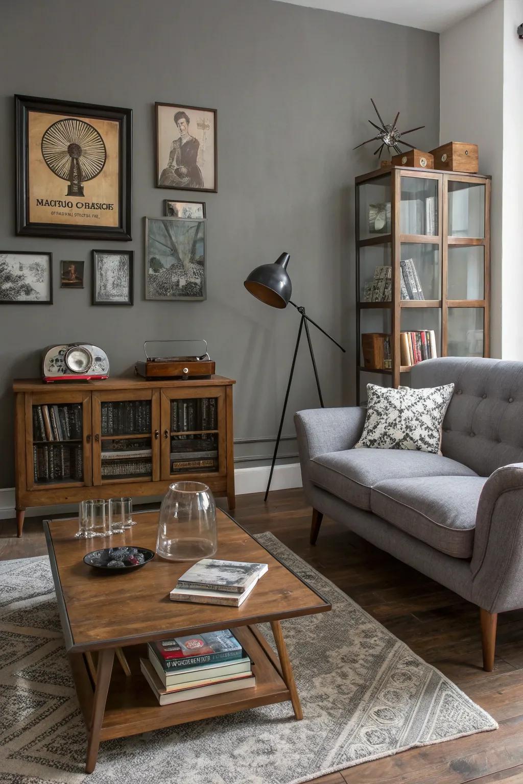 Contemporary and antique elements blend beautifully in this grey room.