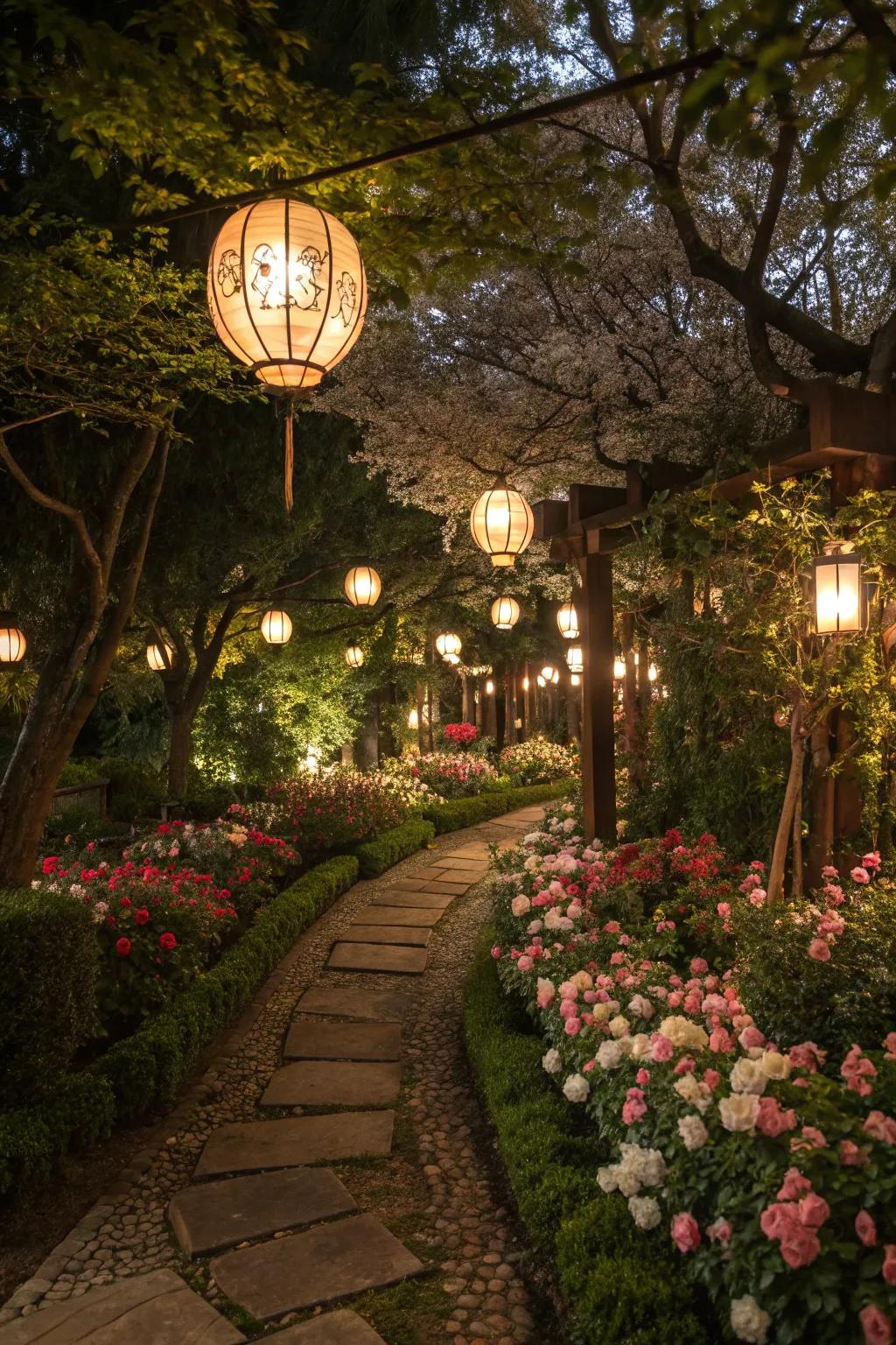 Serene lighting transforms your garden by night.