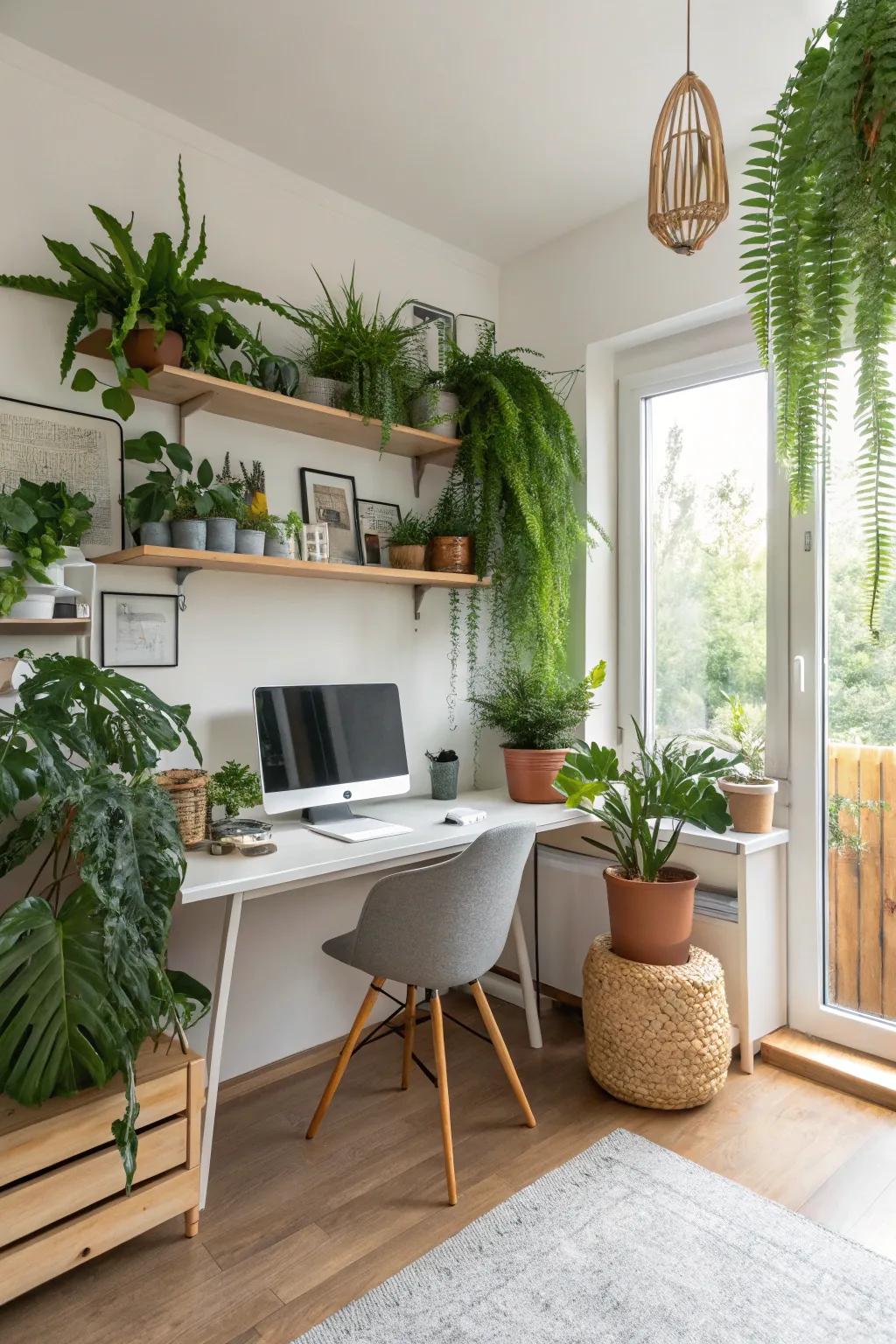 Greenery adds life and freshness to a home office.