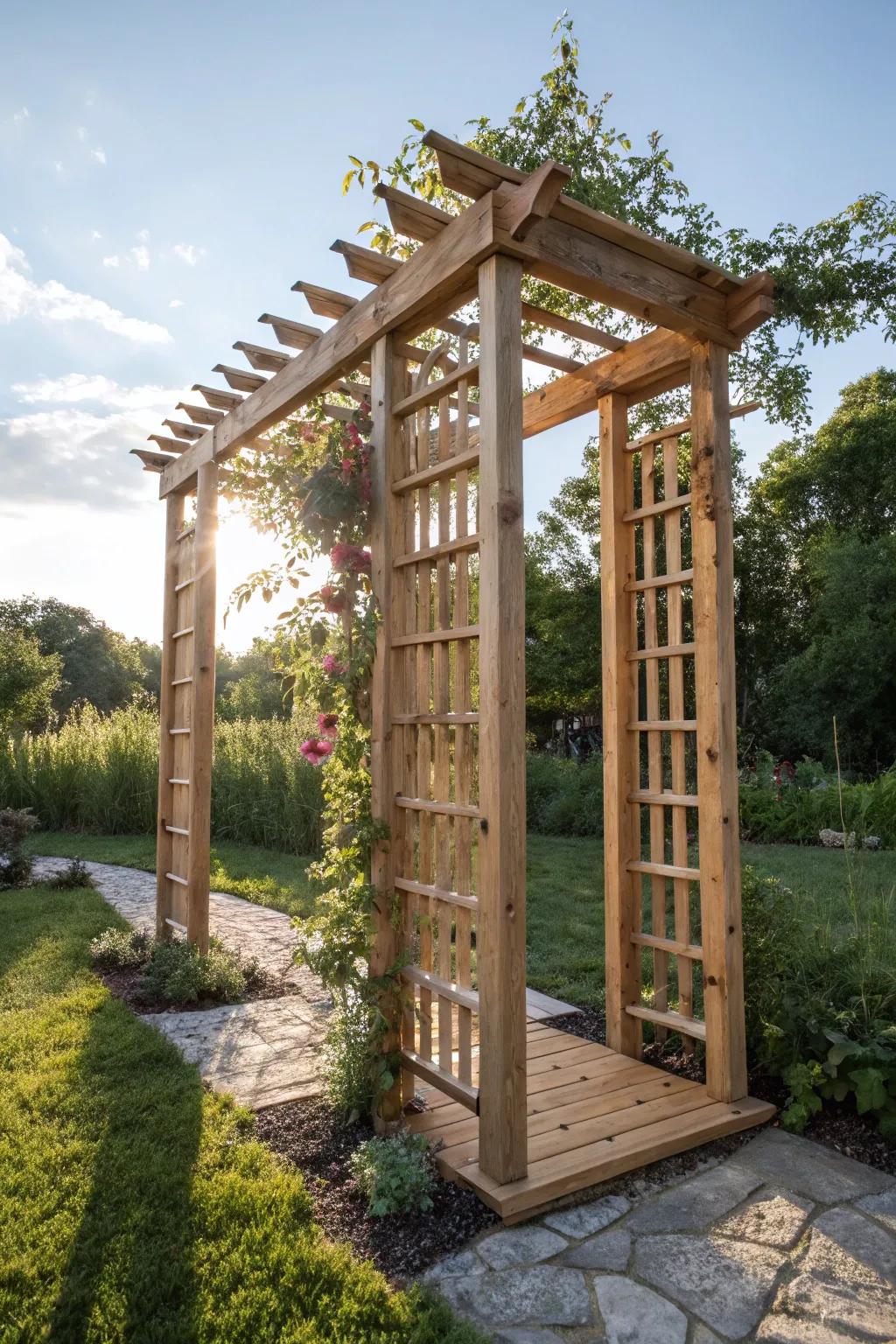 Elevate your garden's charm with a handcrafted pallet trellis, where nature and craftsmanship intertwine.