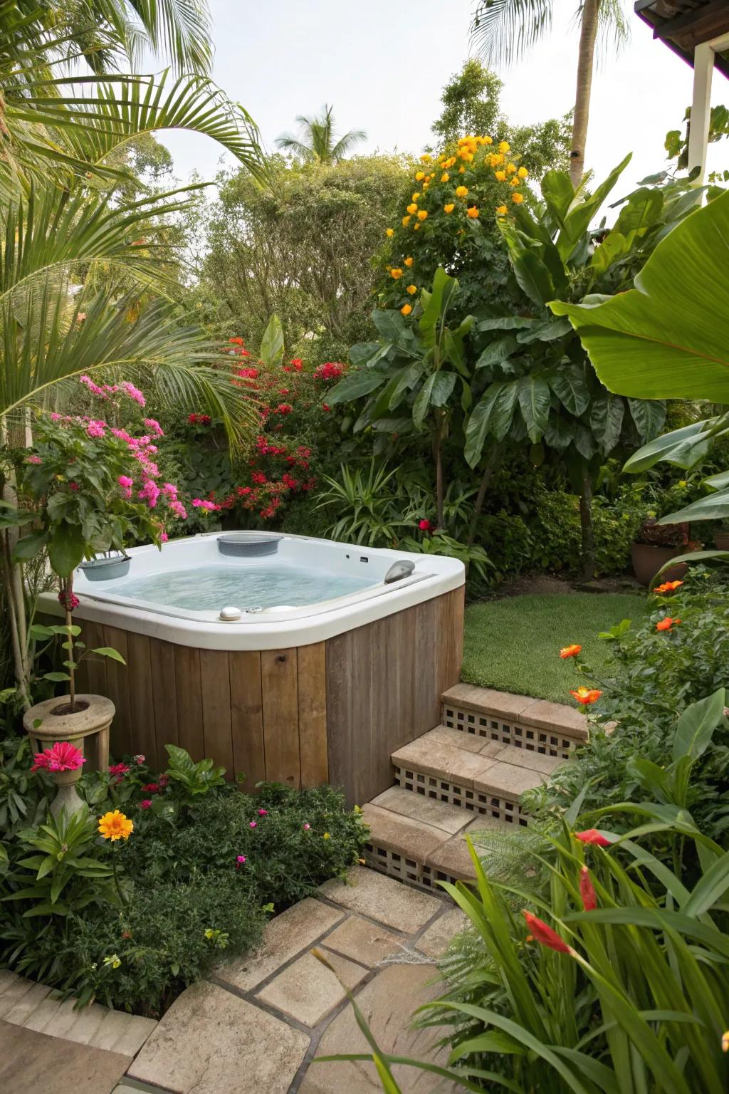 Lush tropical plantings create a vacation-like retreat around the hot tub.