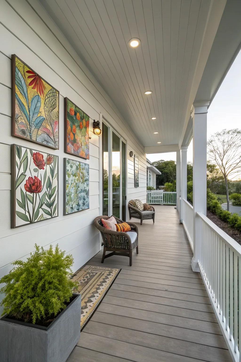 Personalized art enhances the character of this modern porch.