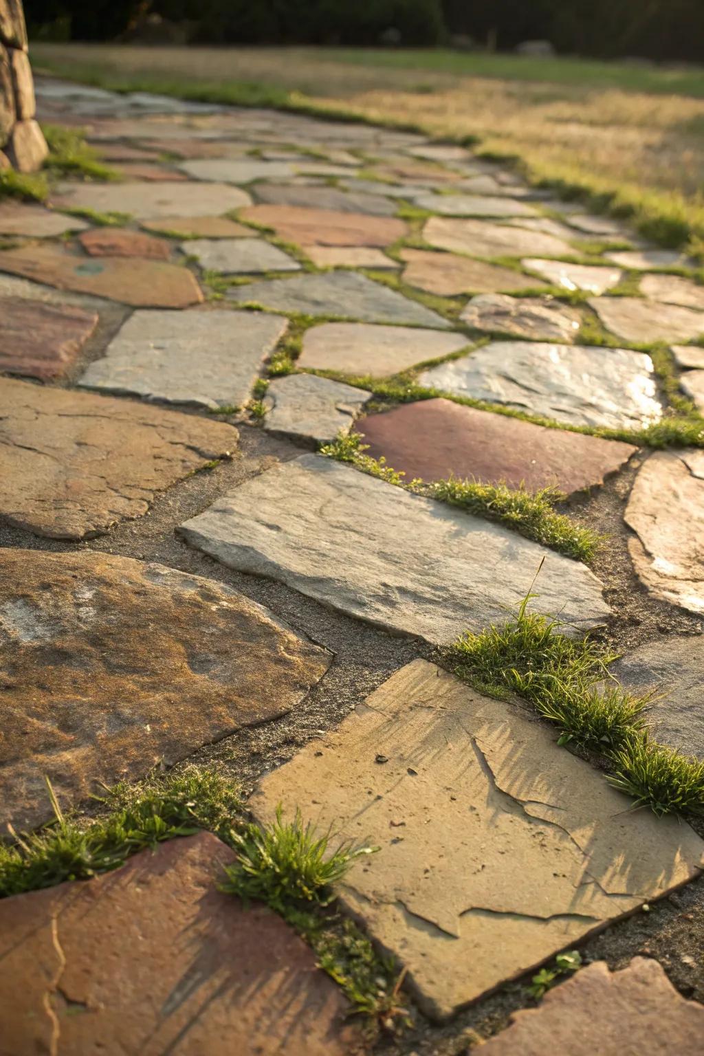 Embrace the timeless charm of a rustic stone patio with natural hues and textures.