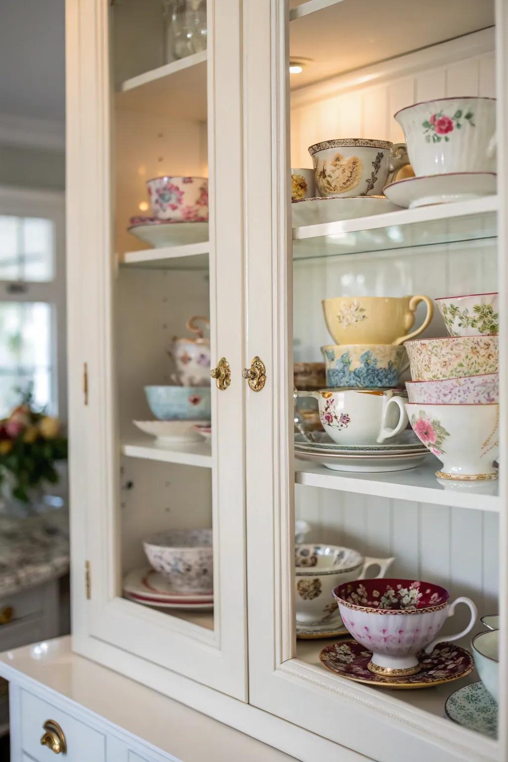 Personal collections adding a meaningful touch to the glass cabinets.